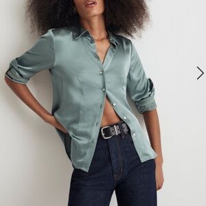 Madewell Satin Darted Button-Up Shirt Eucalyptus Green